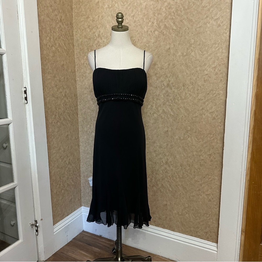 VTG Y2K 2000s Black Ruched Bust Square Neck Empire Waist Beaded Babydoll Dress